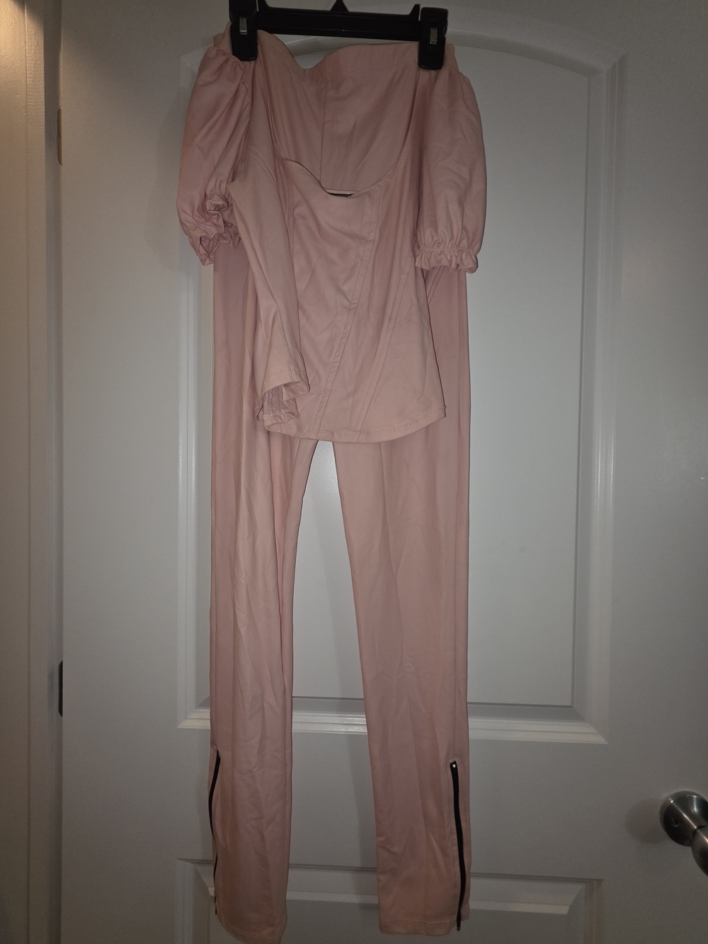 Blush Pink Soft Faux Leather-style Two-Piece Set - Puff Shoulder Top & Pants